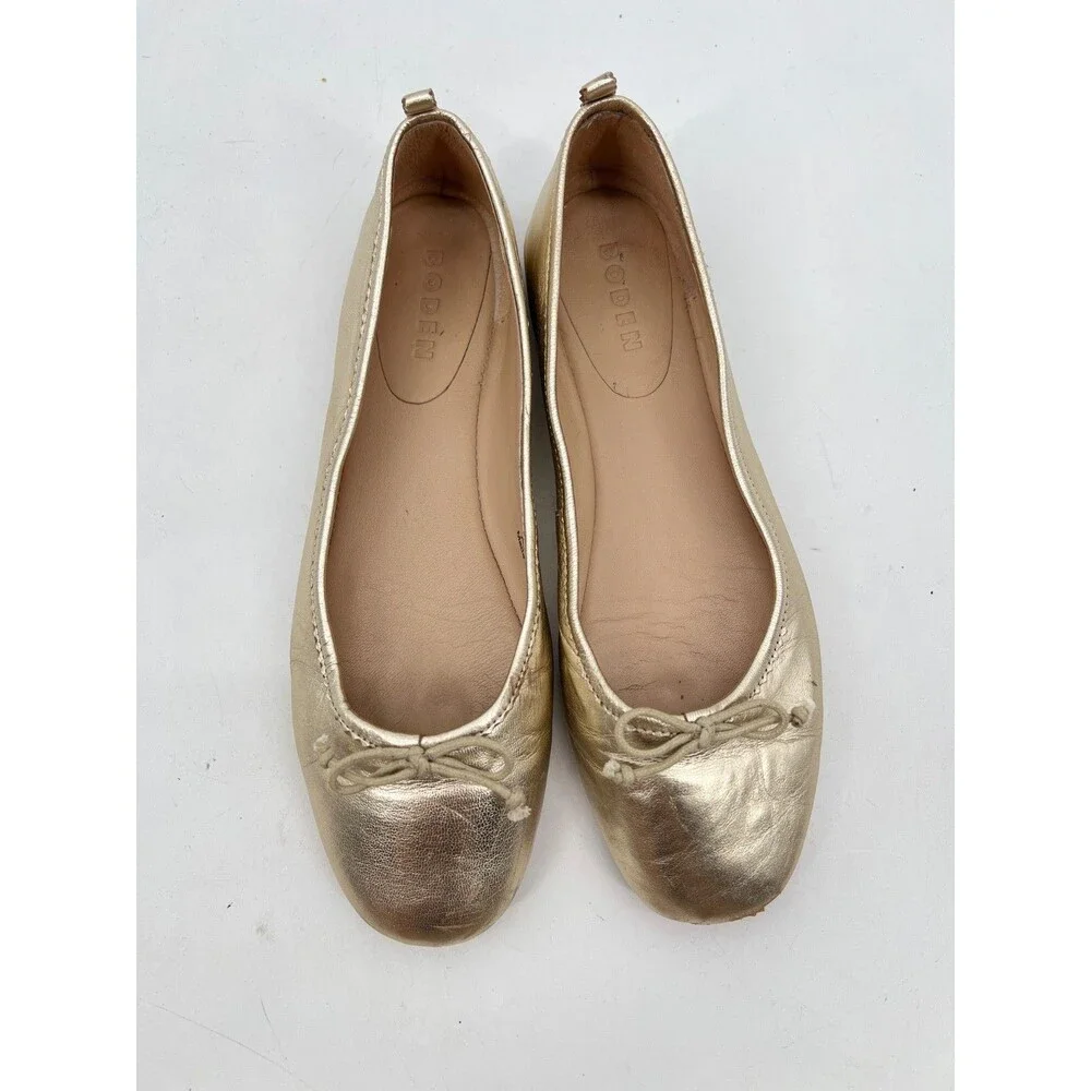 Boden Kitty Flexi Sole Ballet Flats 39 Gold Leather Bow Scalloped Heel